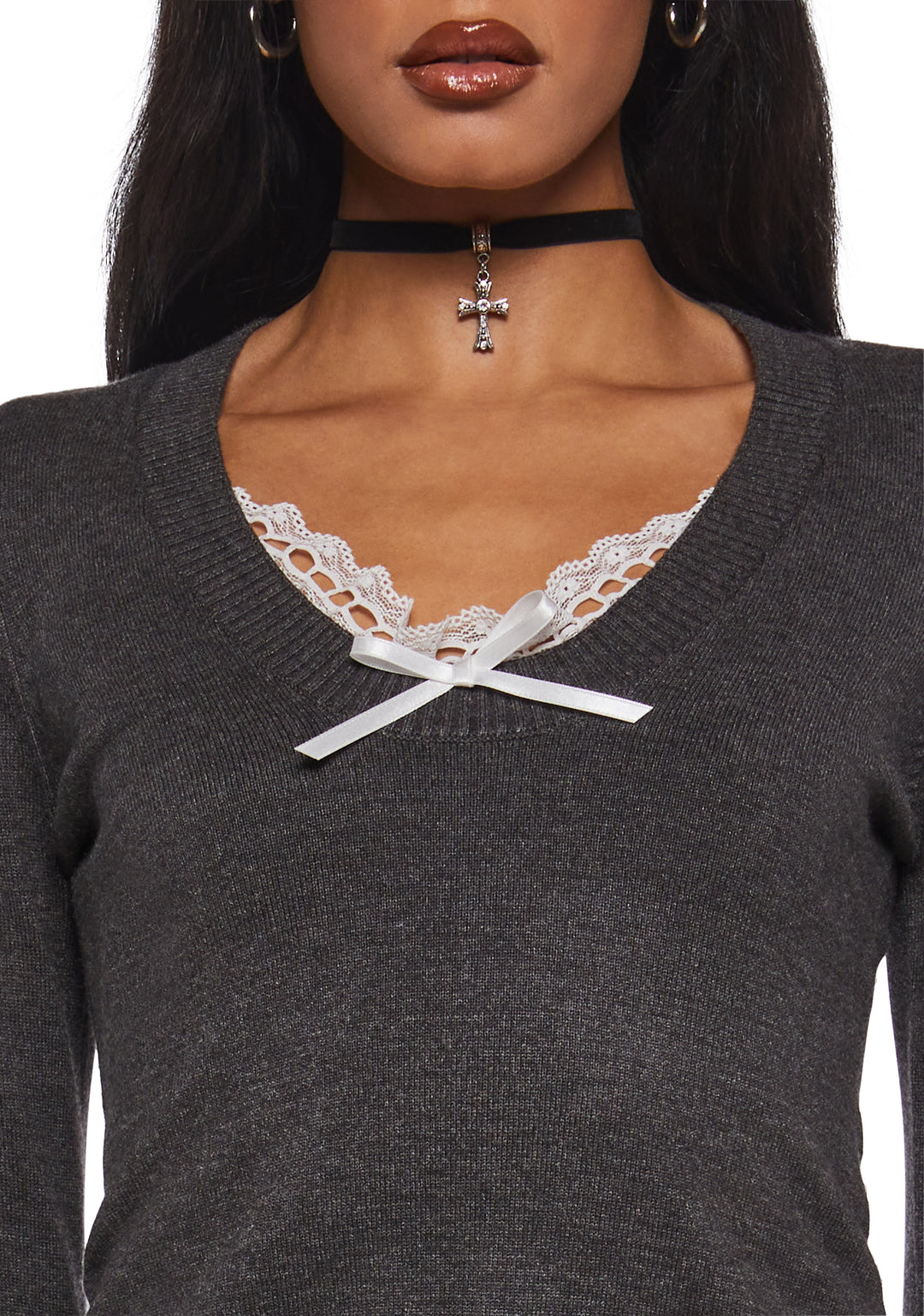 Womens Long Sleeve Knit Top With Bows Current Mood - Gray - Image 5