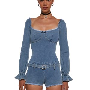 Womens Denim Long Sleeve Romper - Blue