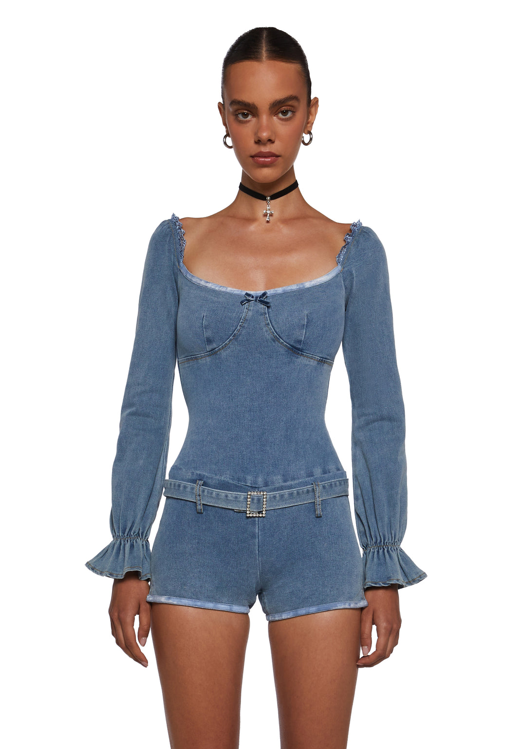 Womens Denim Long Sleeve Romper - Blue