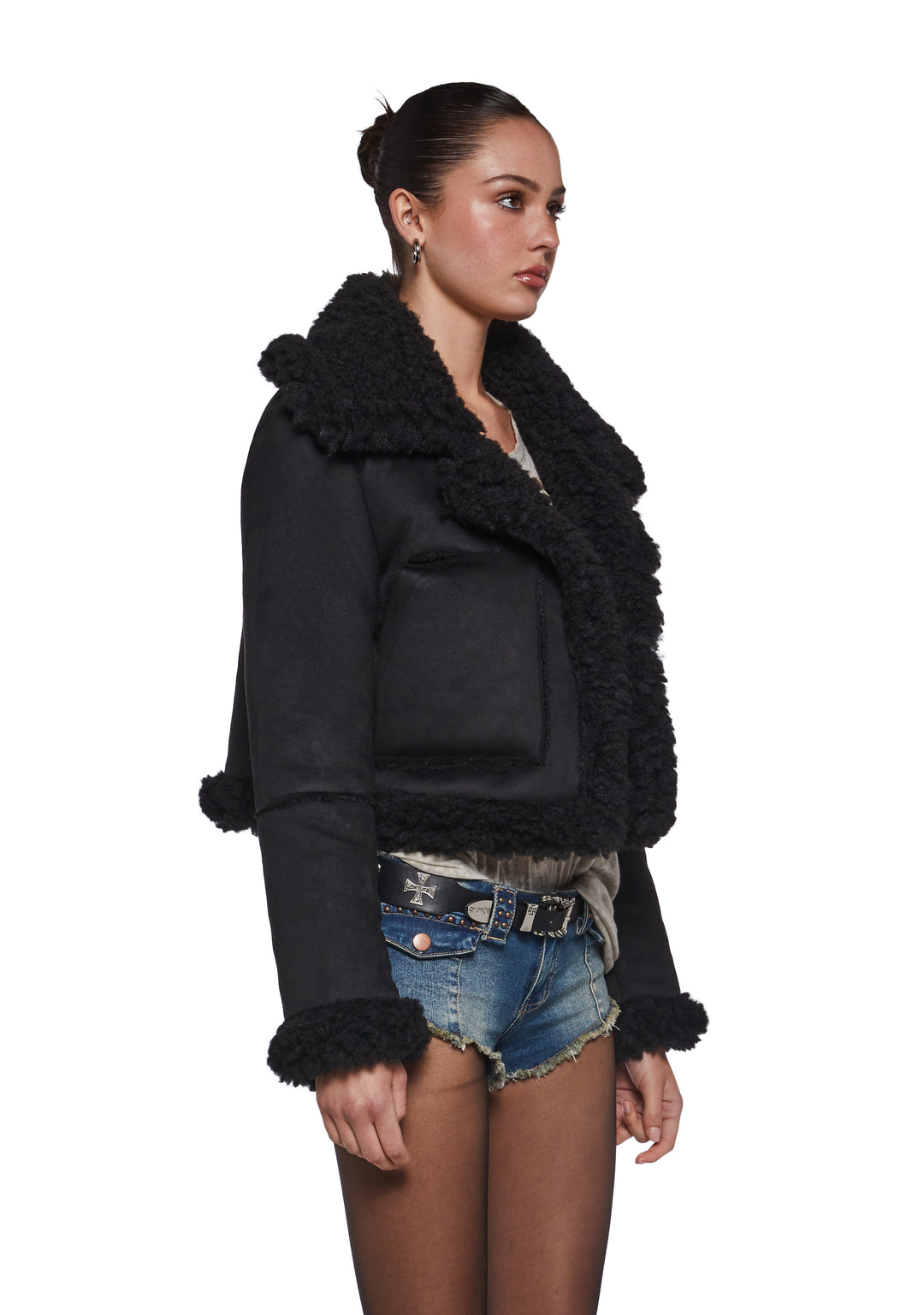 Faux Suede Sherpa Lined Cropped Coat Widow - Black - Image 3