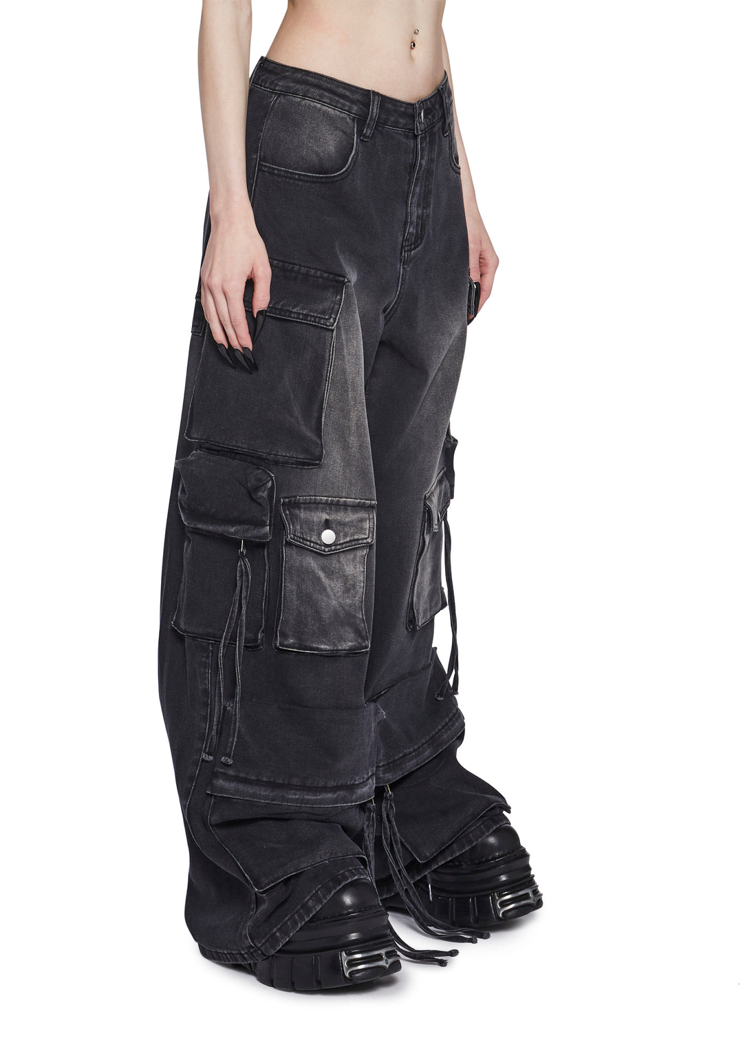 Womens Distressed Cargo Denim Jeans Widow - Black - Image 3