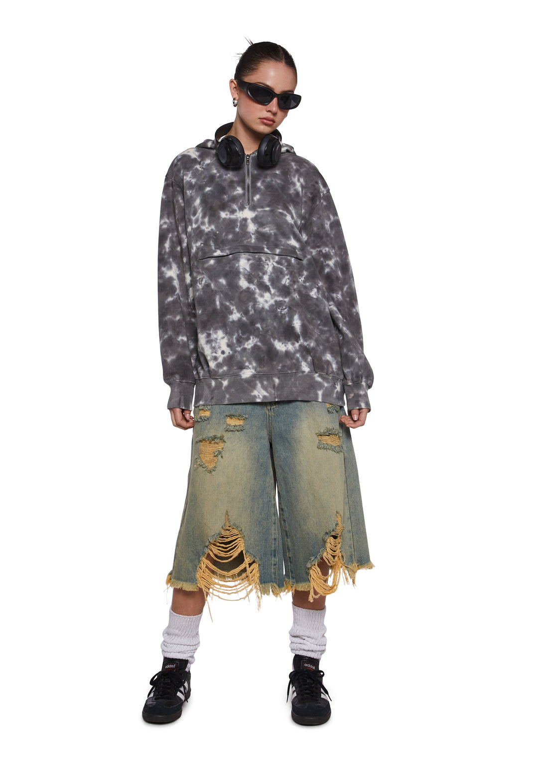 Womens Washed Tie Dye Oversized Hoodie Current Mood - Gray - Image 2