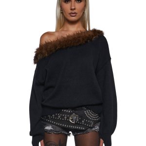 Darker Wavs Off The Shoulder Knit Ribbed Top With Faux Fur Trim - Black