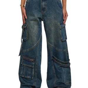 Womens Cargo Wide Leg Pants Current Mood - Blue
