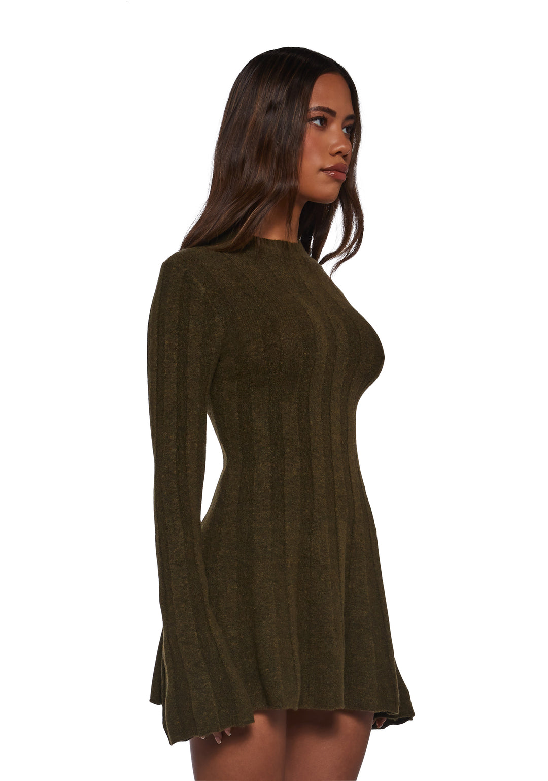 Womens Knit Ribbed Mini Dress Current Mood - Green - Image 3