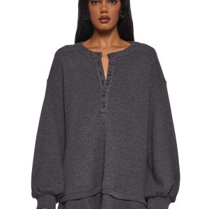 Womens Waffle Knit Thermal Trapeze Mini Dress Current Mood - Gray