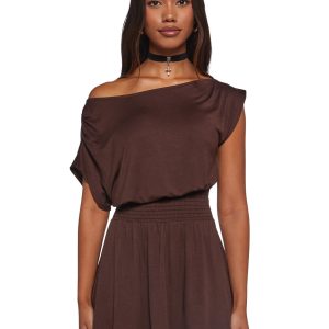 Womens Stretchy Off The Shoulder Mini Dress - Brown