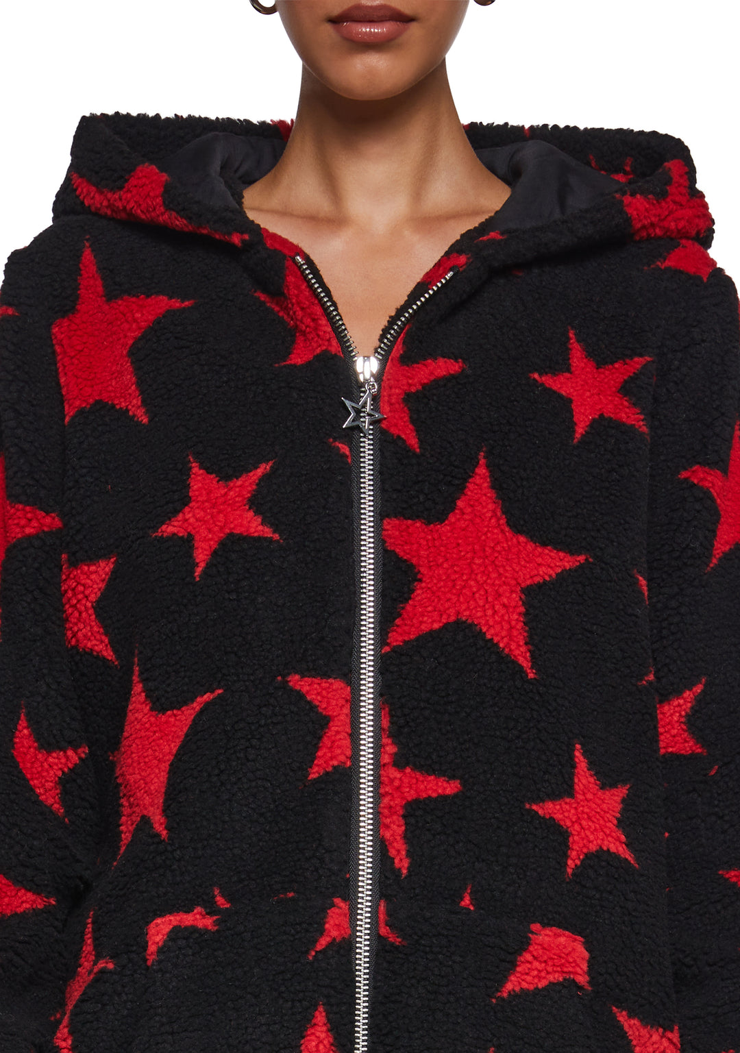 Current Mood Faux Shearling Star Teddy Hooded Sherpa Jacket - Black/Red - Image 5