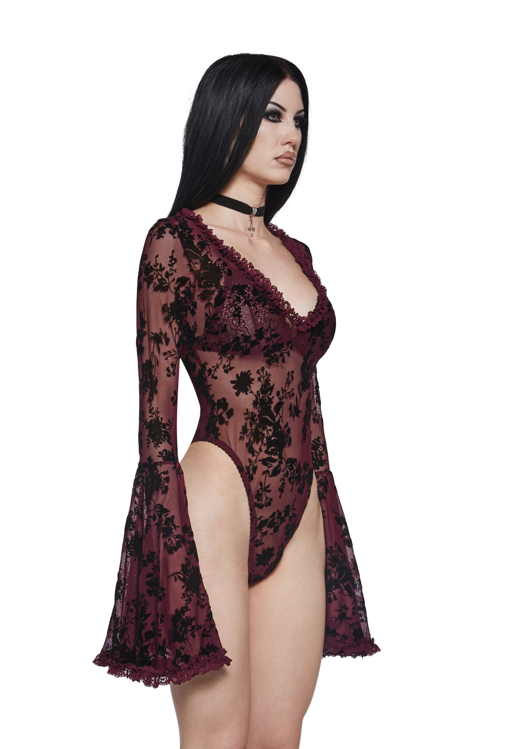 Widow Mesh Bodysuit With Flocked Floral Designs - Red - Image 3