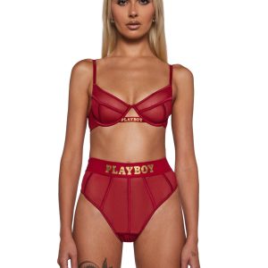 Womens Sexy Bra And Thong Playboy Cage 2-Piece Set - Red