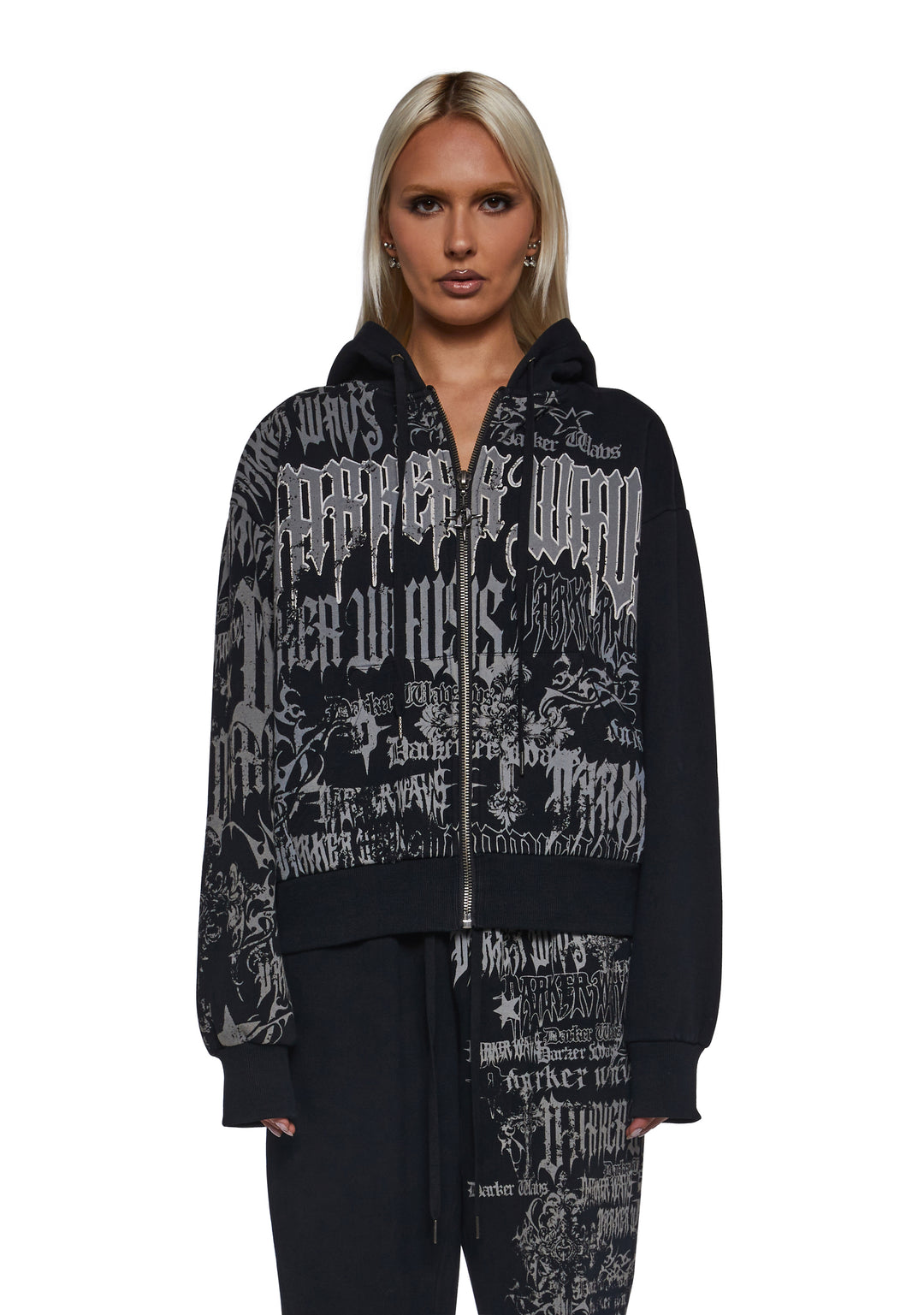 Washed Hoodie With Graphics Darker Wavs - Black - Image 6