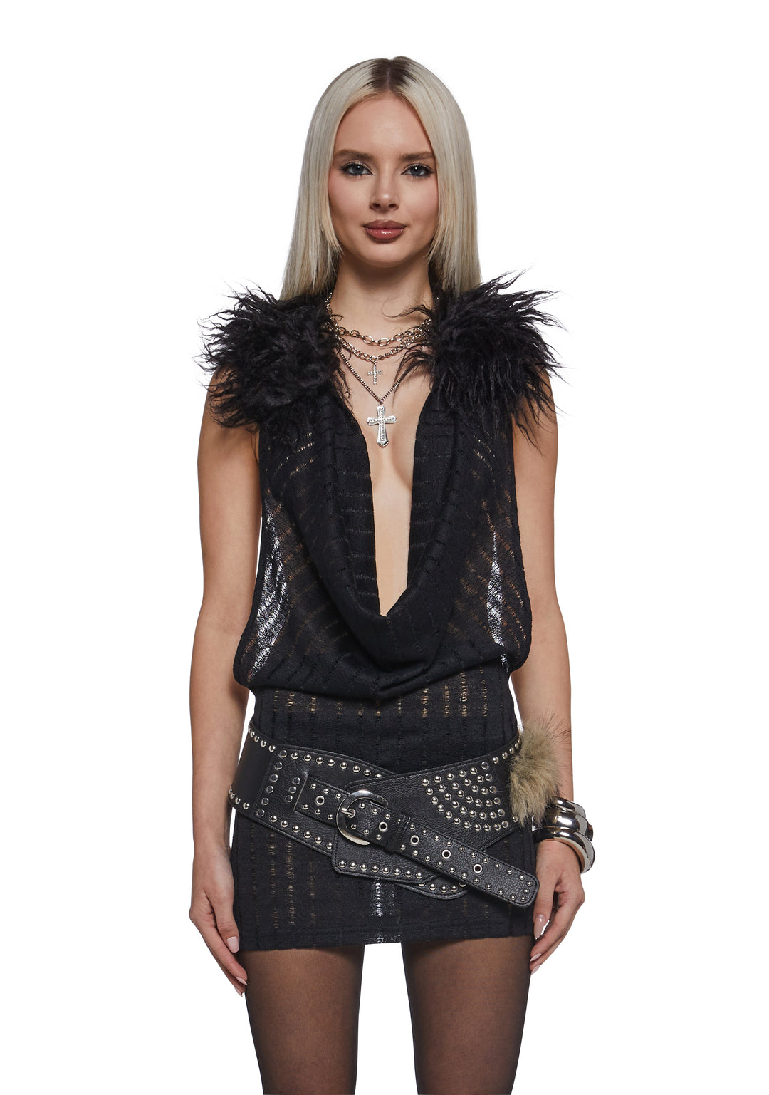 Womens Knit Faux Fur Mini Dress Generation Kiss - Black - Image 6