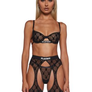 Playboy Flocked Bunny Chaps Set - Black