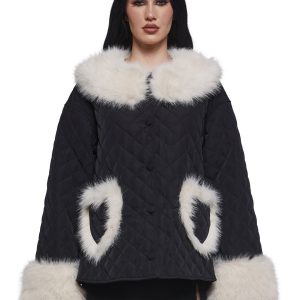 Womens Quilted Coat With Faux Fur Trim Sugar Thrillz - Black