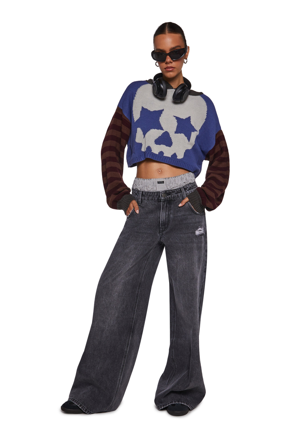 Womens Cropped Skull Graphic Hoodie Current Mood - Multi - Image 2