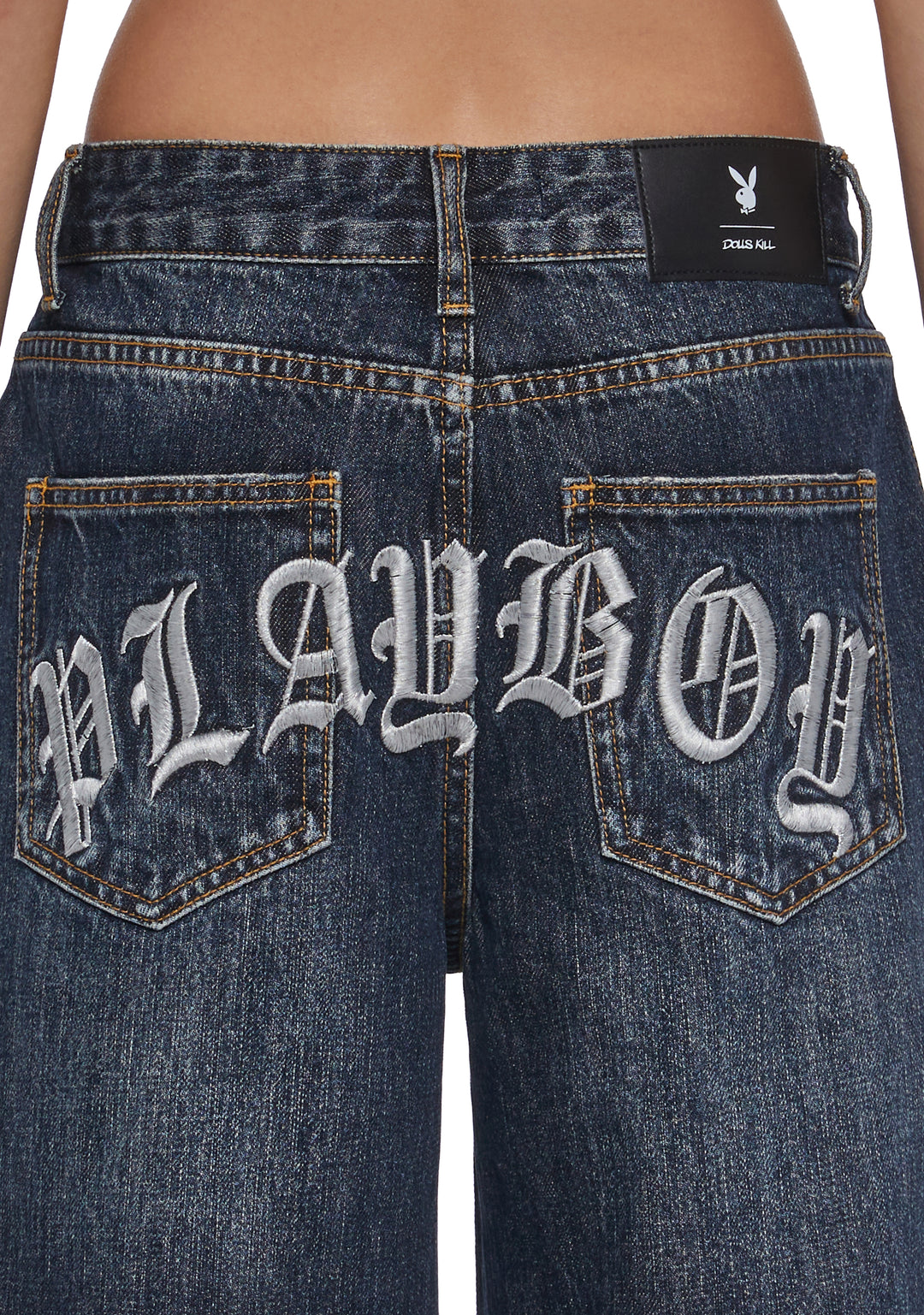 Playboy by Dolls Kill Wide Leg Embroidered Jeans - Blue - Image 8