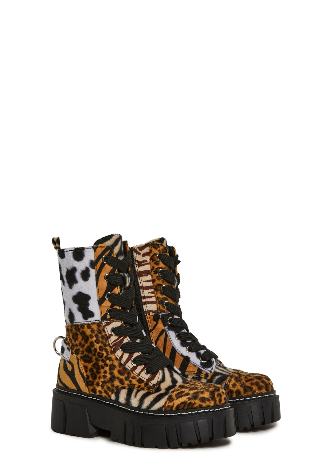Patchwork Animal Print Combat Boots With Lace-Ups And Side Zip Current Mood - Multi - Image 4
