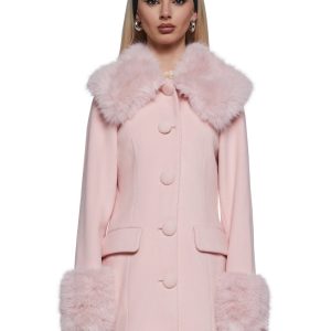 Midi Coat With Faux Fur - Pink