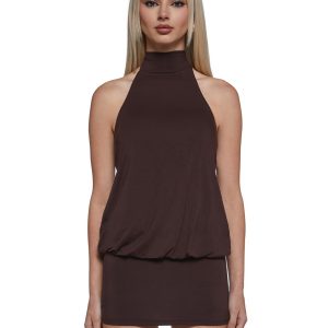 Womens High Neck Halter Dress - Brown