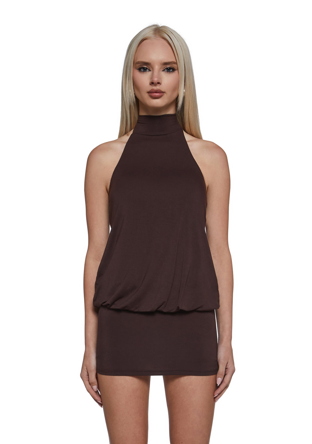 Womens High Neck Halter Dress - Brown