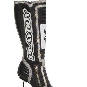 Dolls Kill x Playboy Playmate Vegan Leather Padded Moto Stiletto Boots - Black/White