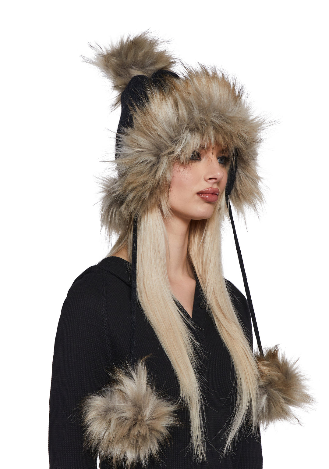Faux Fur Knit Hat With Pom Poms - Black - Image 2