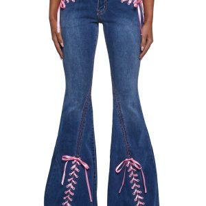 Womens Flared Low Rise Jeans With Ribbons Sugar Thrillz - Blue