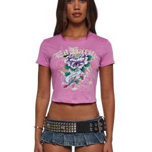 Ed Hardy Flower Diamond Baby Tee - Pink