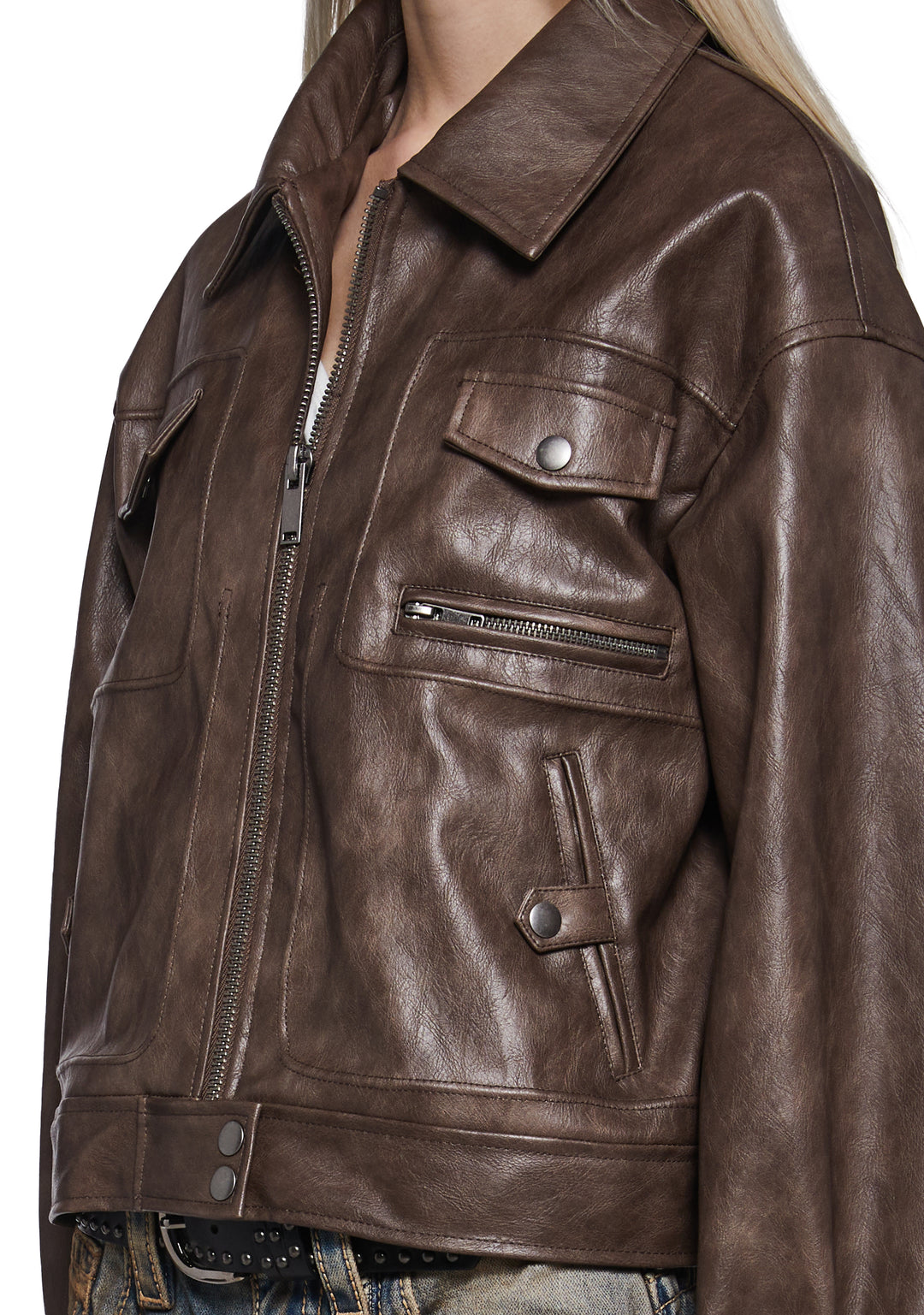 Womens Distressed Moto Jacket - Brown - Image 6