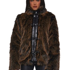 Faux Fur Vegan Leather Front Hook Coat Current Mood - Brown