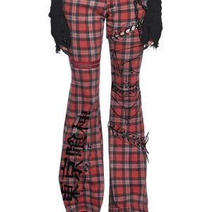 Dolls Kill x Tokyo Ghoul Plaid Flared Pants With Lace Up And Zippers - Red