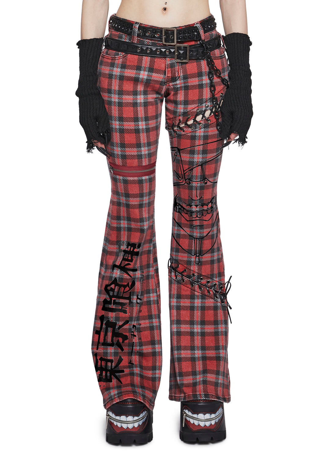 Dolls Kill x Tokyo Ghoul Plaid Flared Pants With Lace Up And Zippers - Red