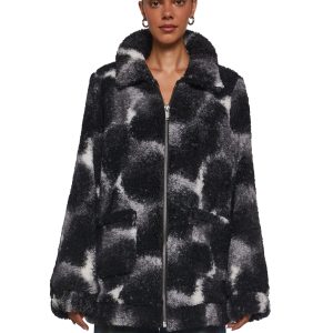 Tie Dye Print Faux Fur Sherpa Zip-Up Jacket Current Mood - Black