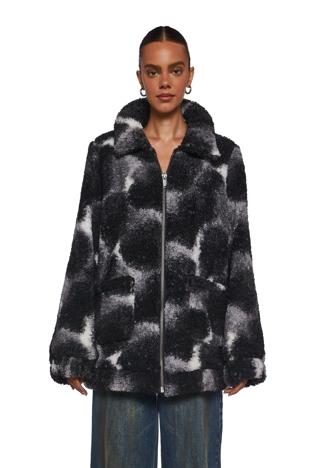 Tie Dye Print Faux Fur Sherpa Zip-Up Jacket Current Mood - Black