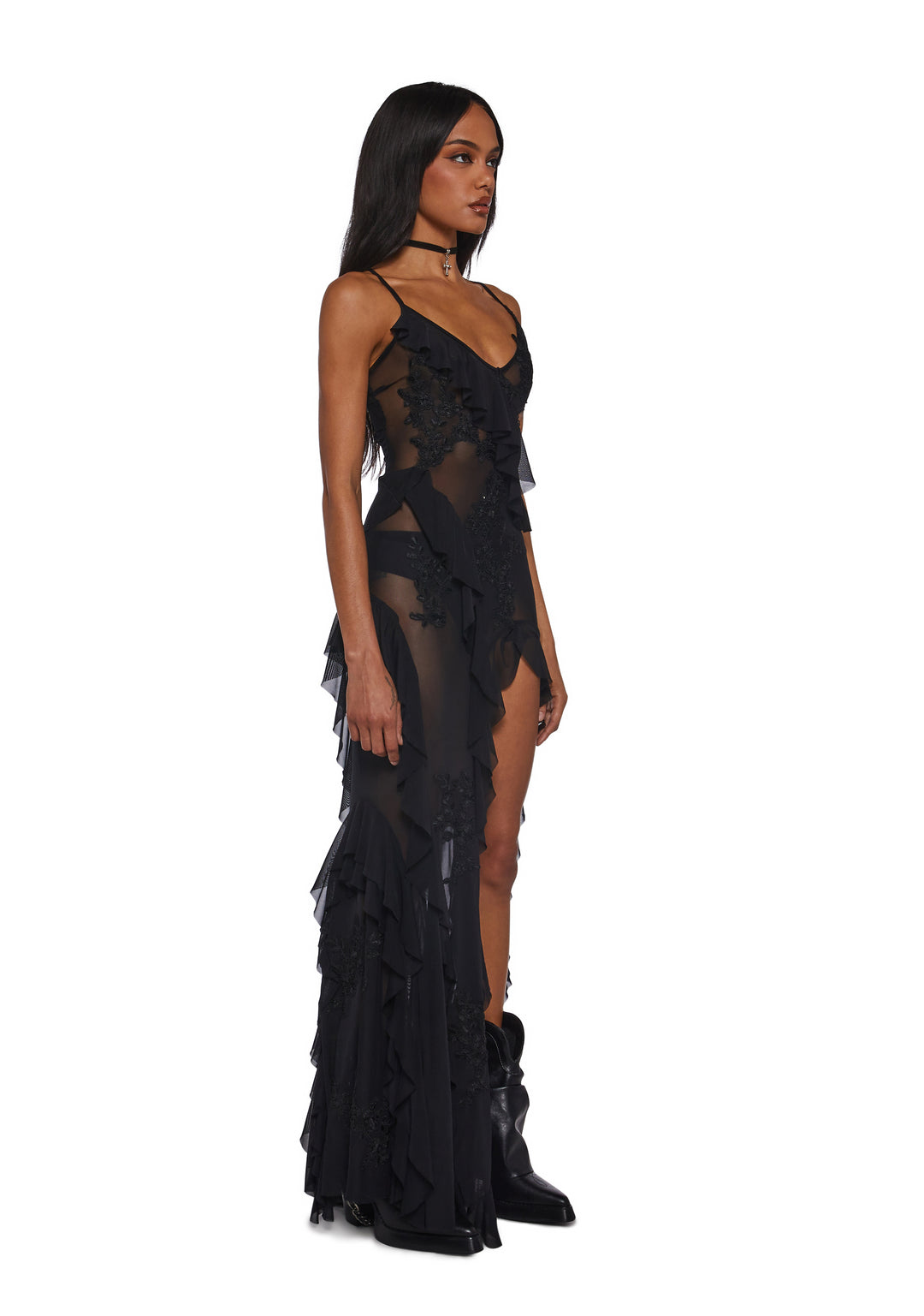 Womens Mesh Ruffled Asymmetrical Maxi Dress With Lace Appliques Current Mood - Black - Image 3