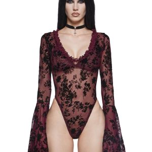 Widow Mesh Bodysuit With Flocked Floral Designs - Red