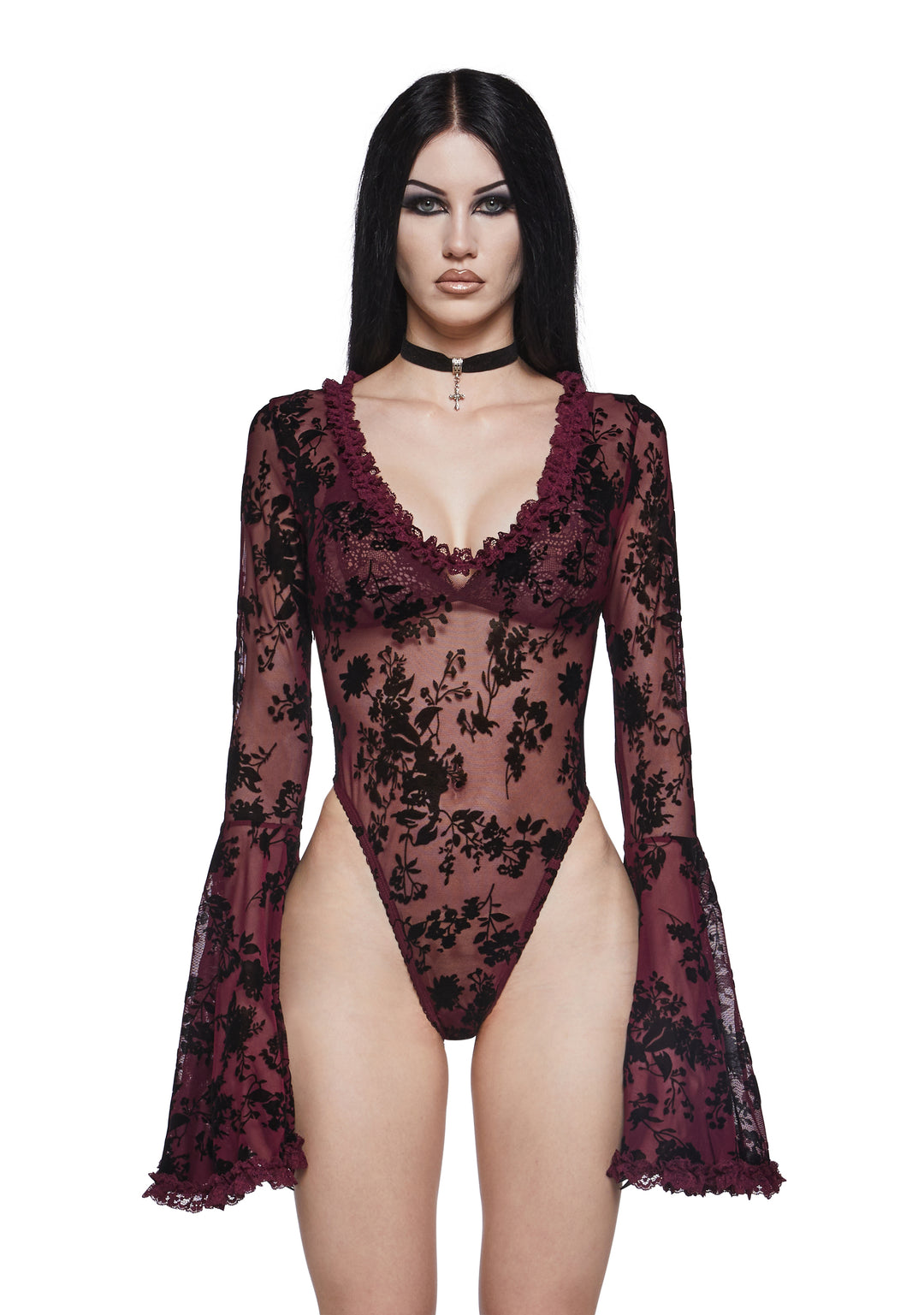 Widow Mesh Bodysuit With Flocked Floral Designs - Red