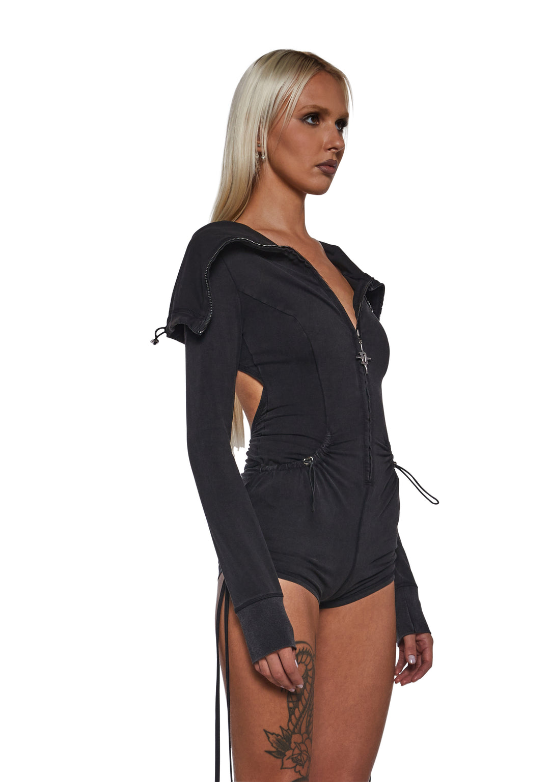 Darker Wavs Cotton Jersey Knit Romper With Ruching And Zippers - Black - Image 3