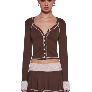 Ribbed Long Sleeve Top And Mini Skirt With Lace Trim Current Mood - Brown