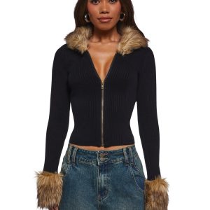 Womens Knit Ribbed Cardigan With Faux Fur Trim Current Mood - Black