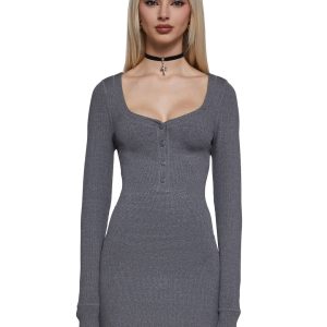 Womens V-Neck Henley Dress Sugar Thrillz -Gray