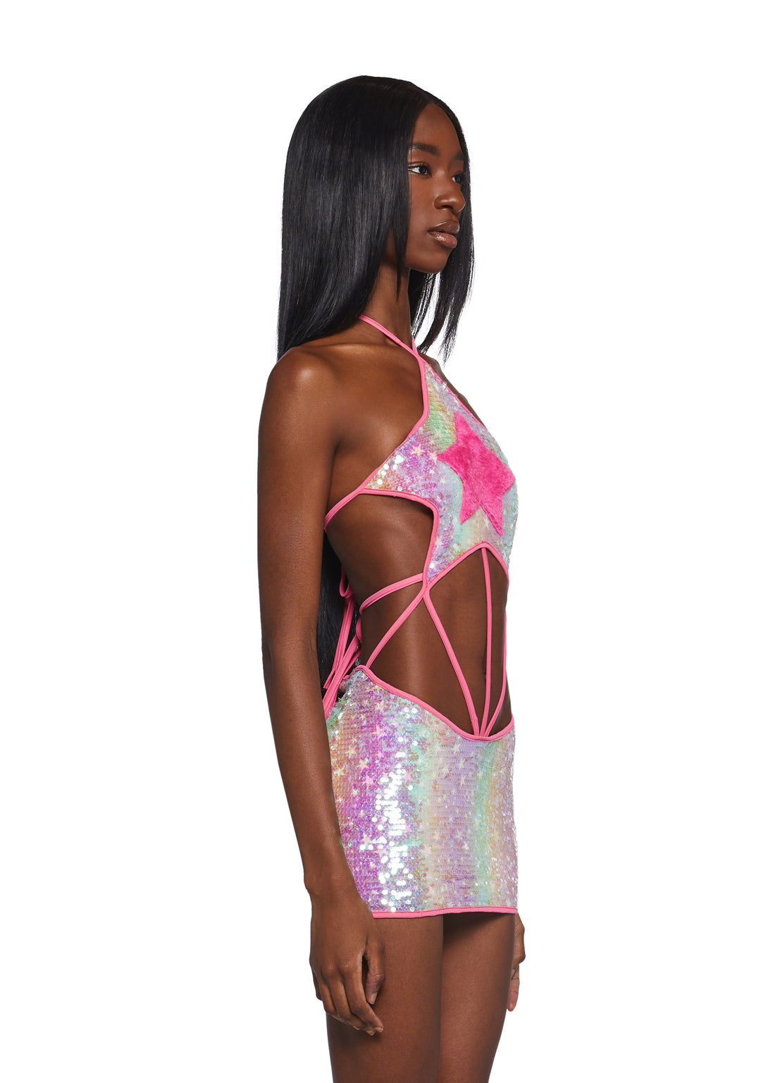 Womens Sequined Halter Mini Dress With Fuzzy Star Club Exx - Multi - Image 3