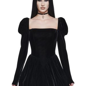 Womens Velvet Mini Dress Widow - Black