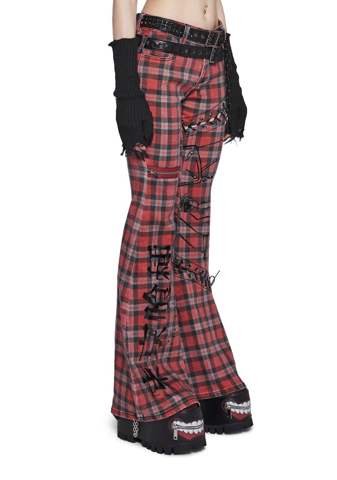 Dolls Kill x Tokyo Ghoul Plaid Flared Pants With Lace Up And Zippers - Red - Image 3