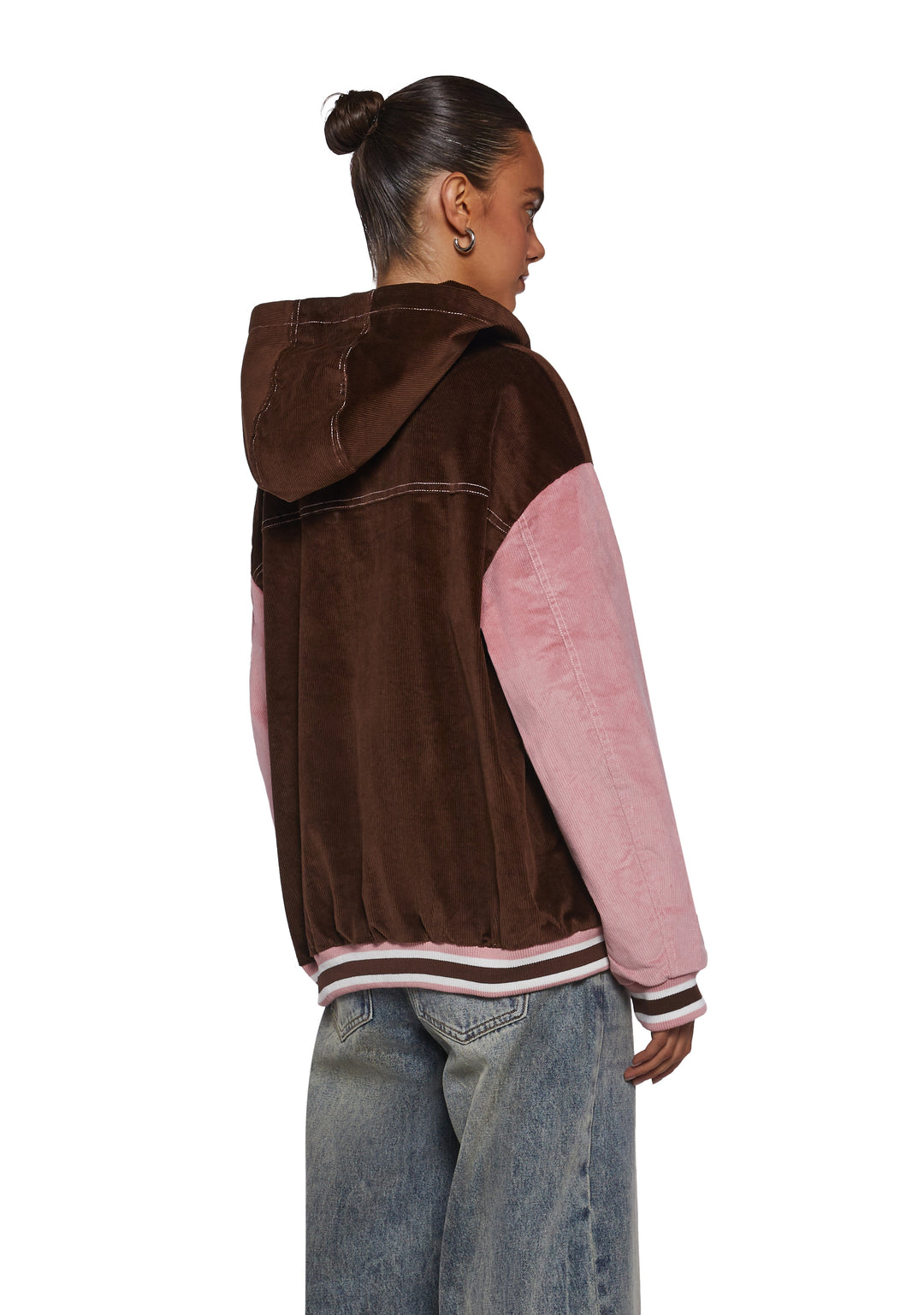 Corduroy Paneled Striped Hooded Zip-Up Jacket Delia's - Brown - Image 4