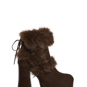 Womens Faux Suede Booties With Faux Fur Trim Current Mood - Brown