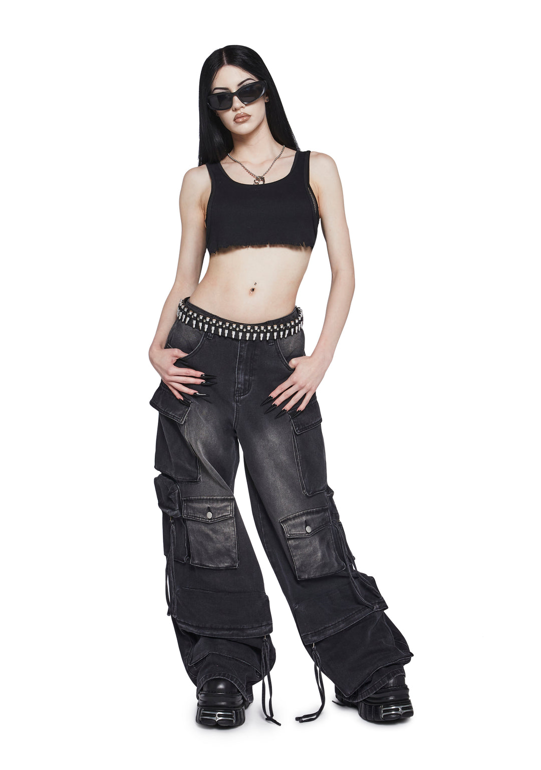 Womens Distressed Cargo Denim Jeans Widow - Black - Image 2