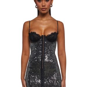 Womens Sequined Lace Bodycon Dress Current Mood - Silver