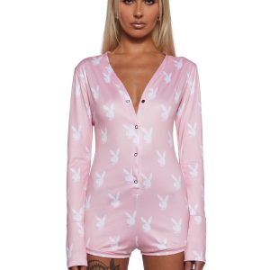 Womens Sexy Playboy Slumber Bunny Romper - Pink