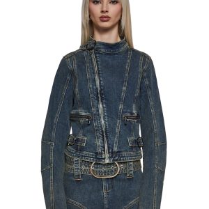 Womens Washed Denim Moto Jacket Generation Kiss - Blue